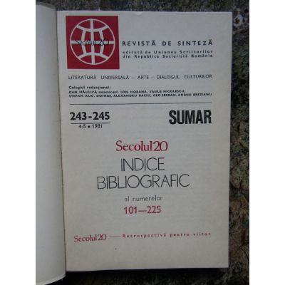 Secolul 20 nr. 4-5 / 1981 - Indice bibliografic al numerelor 101-225